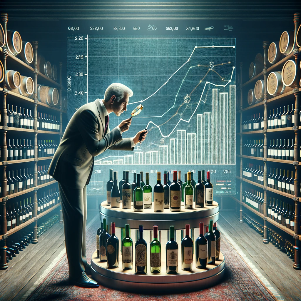 Concepto de invertir en vino, colecionista examina su colección
