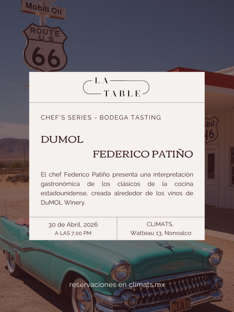 Flyer de la cena maridaje con vinos de DuMol WInery y el chef Federico Patiño
