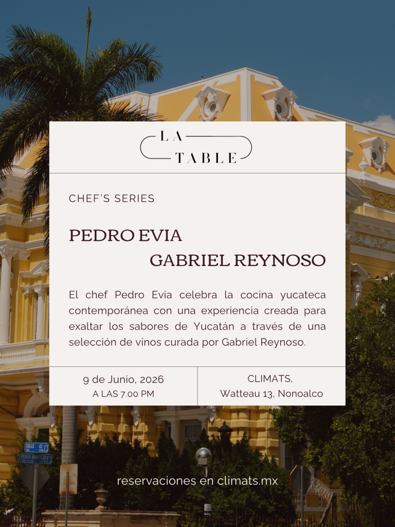 Flyer Cena Maridaje Kuuk en La Table, chef Pedro Evia y sommelier Gabriel Reynoso en Climats