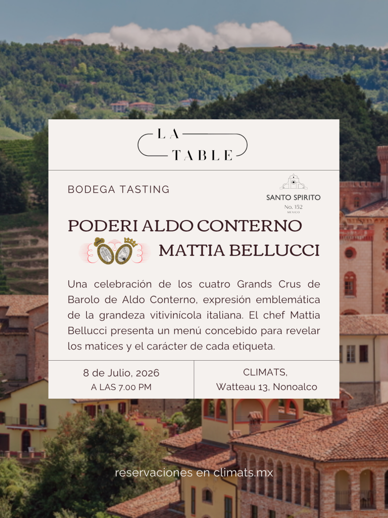 Cena Maridaje con vinos de Aldo Conterno en Climats, CDMX el 8 de Julio